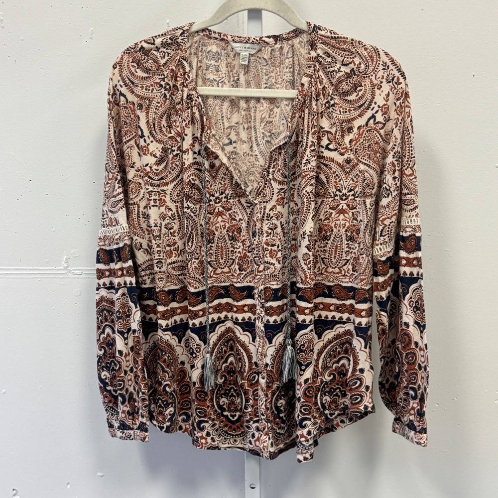 Lucky Brand Paisley Tassel Peasant Boho Jersey Blouse XL Cotton Linen Blend Rust